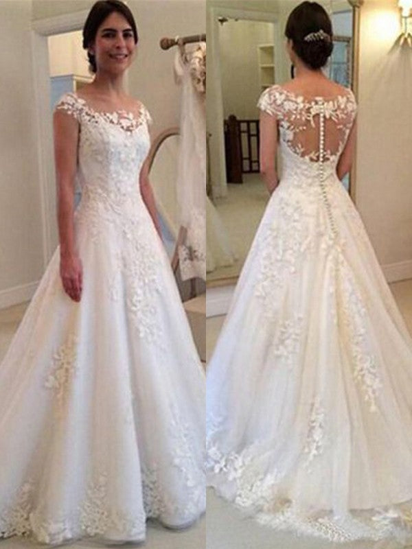 A-Line Scoop Sleeveless Sweep/Brush Train Lace Tulle Wedding Dresses