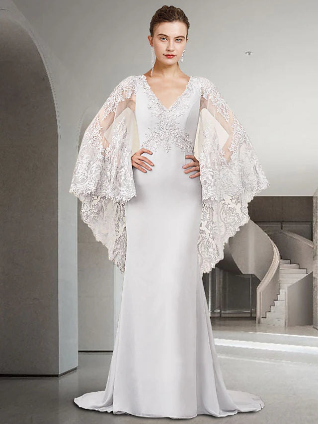 Sheath / Column Mother of the Bride Dress Luxurious Elegant V Neck Sweep / Brush Train Chiffon Lace Long Sleeve with Beading Appliques