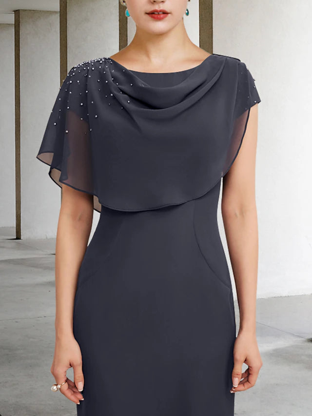 Sheath / Column Mother of the Bride Dress Wedding Guest Vintage Elegant Jewel Neck Tea Length Chiffon Short Sleeve with Pearls Ruching