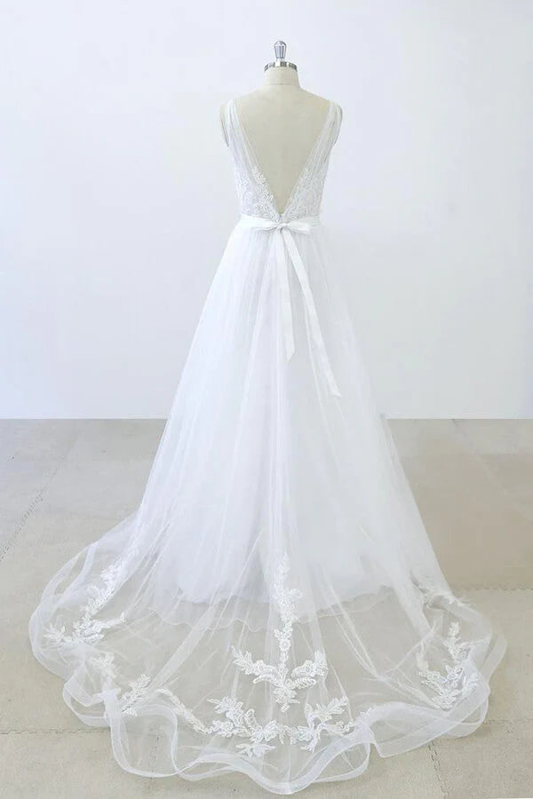 A-line V-neck Sweetheart Ruffle Applqiues Tulle Backless Long Wedding Dress
