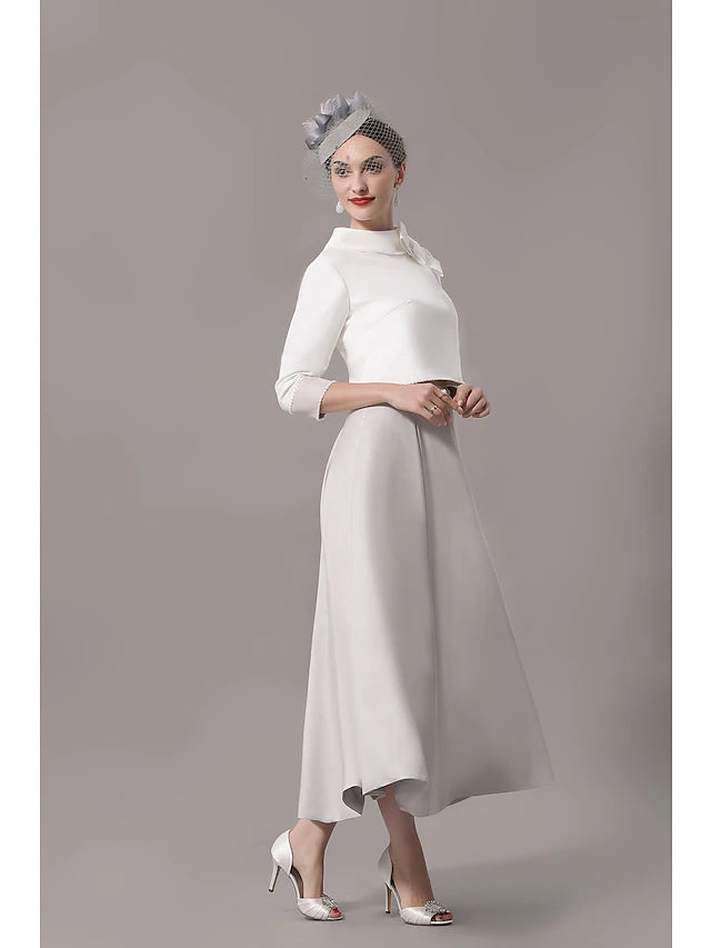 Two Piece Mother of the Bride Dress Church Elegant Jewel Neck Ankle Length Stretch Satin 3/4 Length Sleeve with Bow(s)