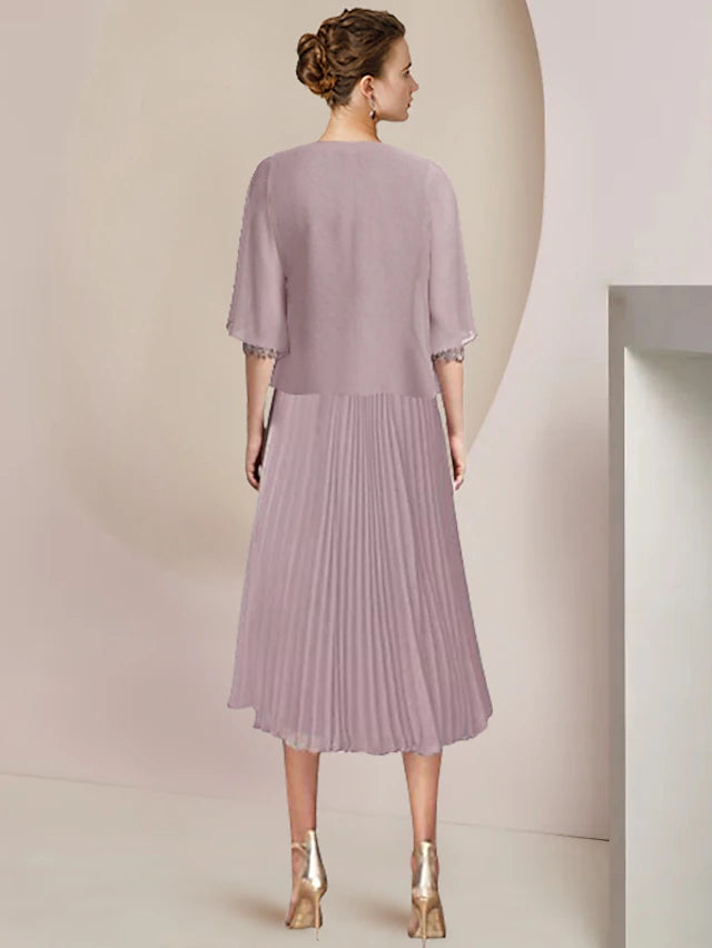 Two Piece A-Line Mother of the Bride Dress Formal Wedding Guest Elegant Scoop Neck Tea Length Lace 3/4 Length Sleeve Wrap Included with Pleats Appliques