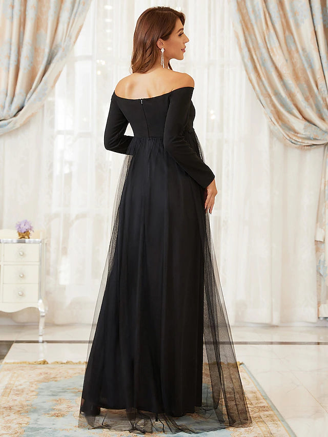 A-Line Mother of the Bride Dress Maternity Elegant Off Shoulder Floor Length Tulle Long Sleeve with Tier