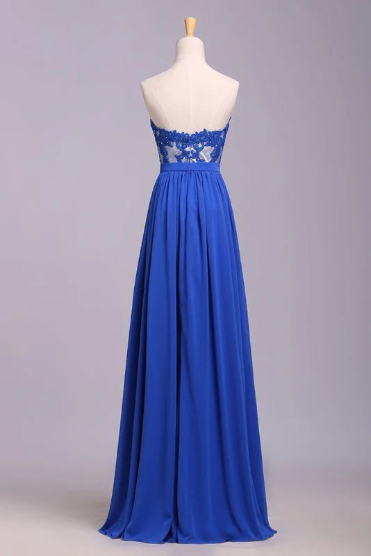 Elegant Strapless Chiffon Evening Lace Appliques Long Prom Dress
