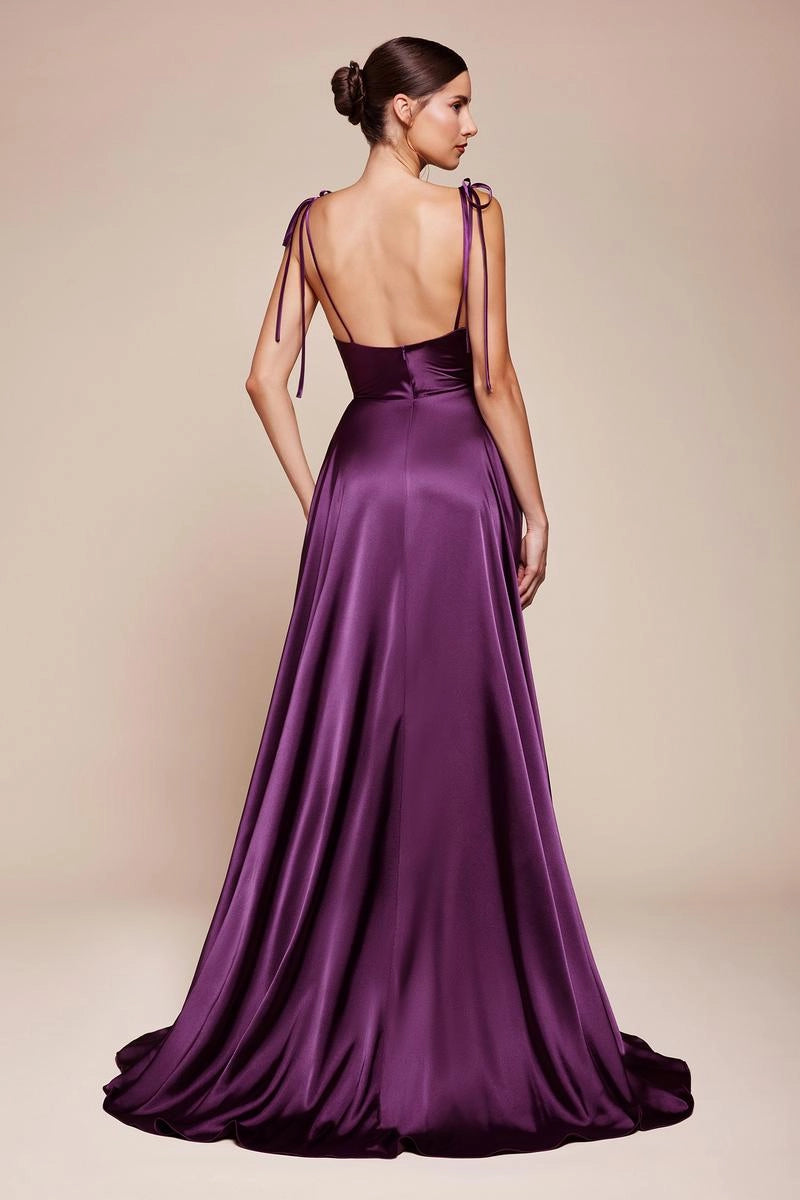 Purple Satin Cowl Neck Tie Strap A Line High Slit Prom Dress