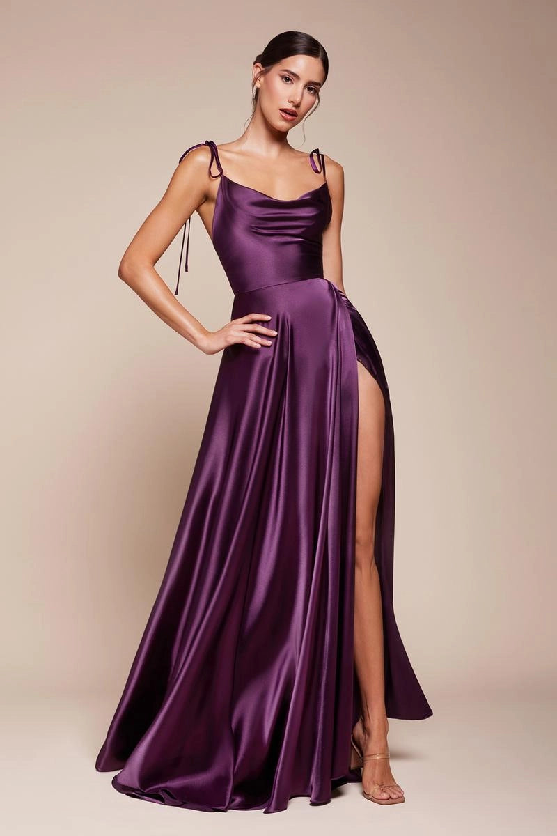 Purple Satin Cowl Neck Tie Strap A Line High Slit Prom Dress