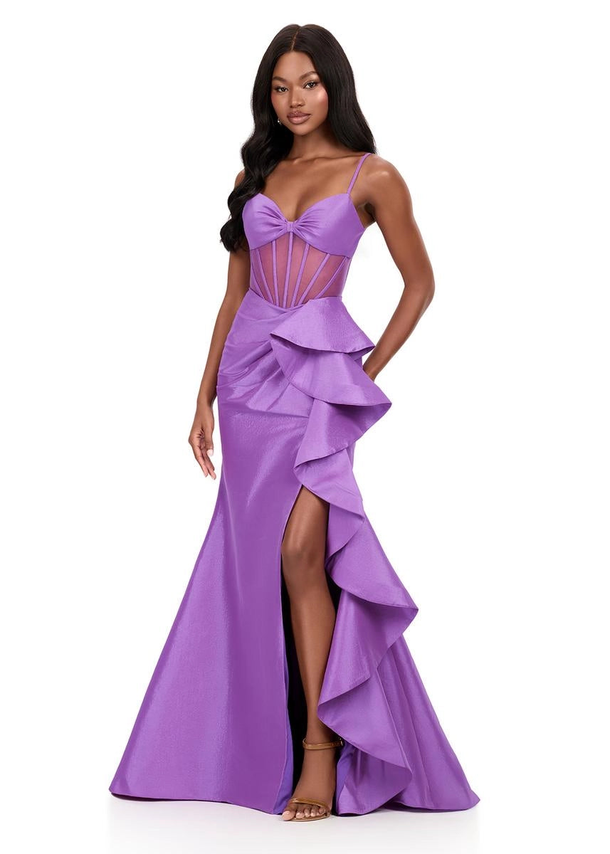 Elegant Mermaid Spaghetti Strap Bow Corset Ruffle Slit Purple Prom Dress