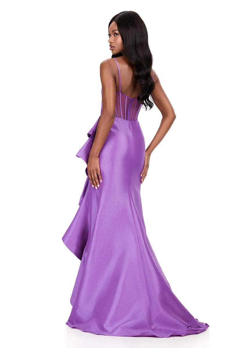 Elegant Mermaid Spaghetti Strap Bow Corset Ruffle Slit Purple Prom Dress