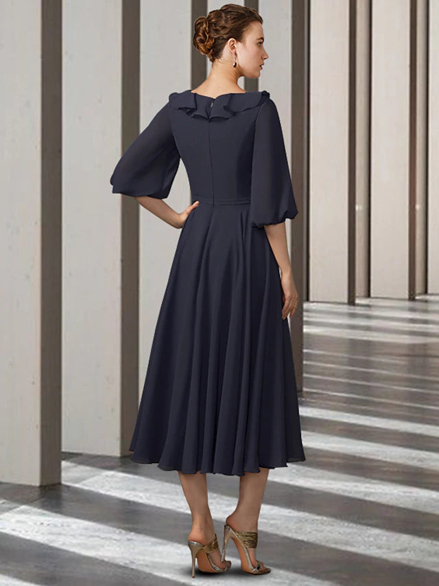 A-Line Mother of the Bride Dress Elegant Jewel Neck Tea Length Chiffon Half Sleeve with Pleats Ruffles