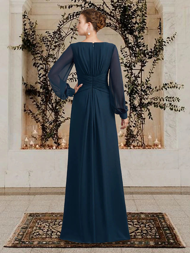 A-Line Mother of the Bride Dress Plus Size Elegant V Neck Floor Length Chiffon Long Sleeve with Ruched Ruffles Side-Draped