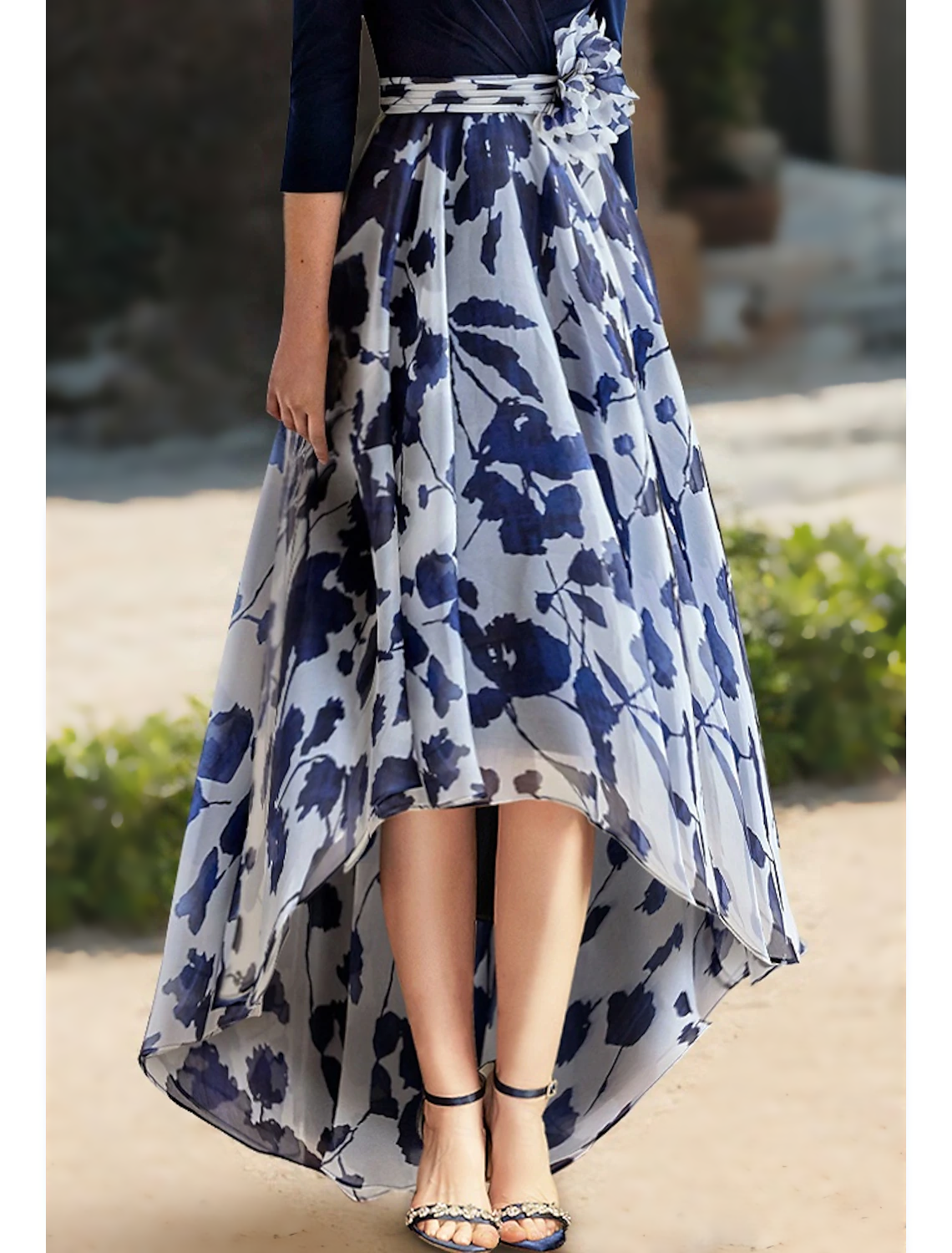 A-Line V Neck Floor Length Chiffon 34 Length Sleeve Floral Mother of the Bride Dress