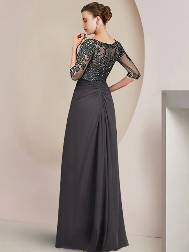Sheath / Column Mother of the Bride Dress Formal Wedding Guest Elegant Square Neck Floor Length Chiffon Lace 3/4 Length Sleeve with Sequin Appliques Ruching
