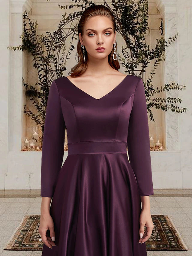 A-Line Mother of the Bride Dress Plus Size Elegant V Neck Ankle Length Satin Long Sleeve with Pleats Solid Color