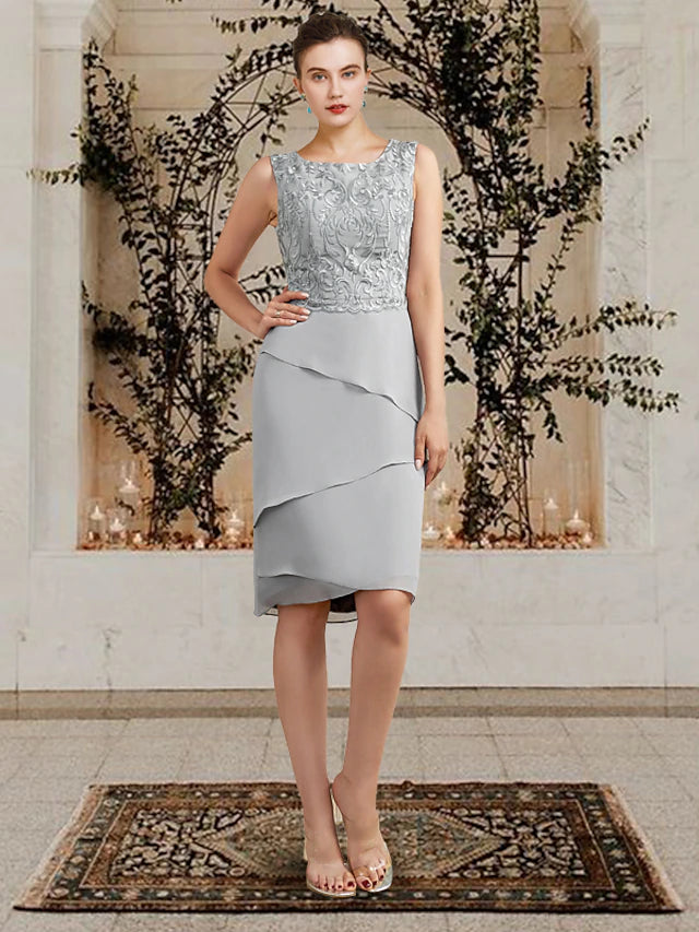 Two Piece Sheath / Column Mother of the Bride Dress Church Elegant Square Neck Jewel Neck Knee Length Chiffon Lace Sleeveless Wrap Included with Ruffles Appliques