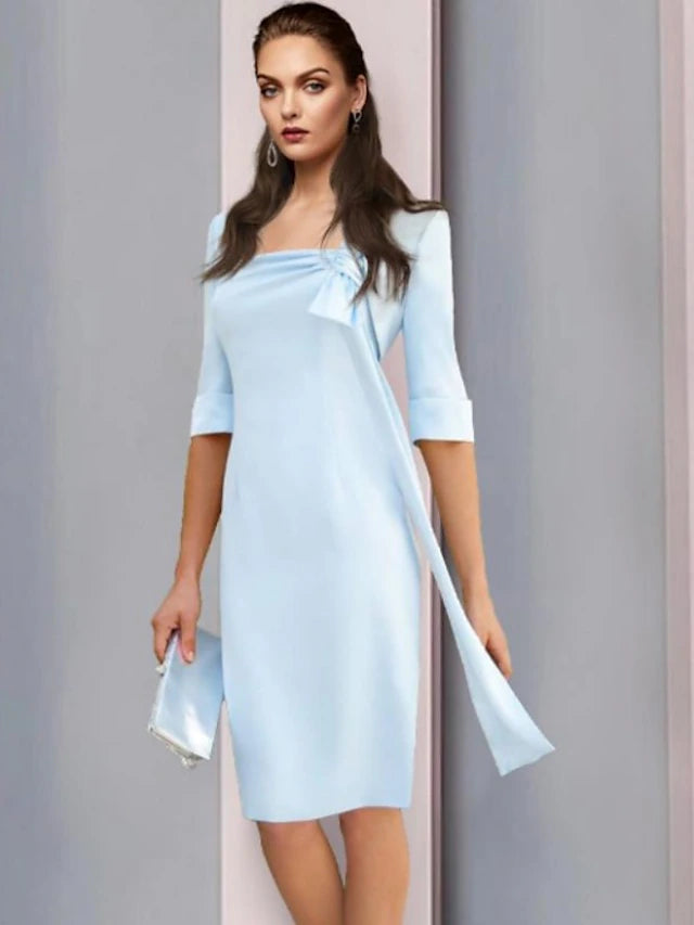 Sheath / Column Mother of the Bride Dress Simple Elegant Square Neck Knee Length Stretch Fabric Half Sleeve with Bow(s)