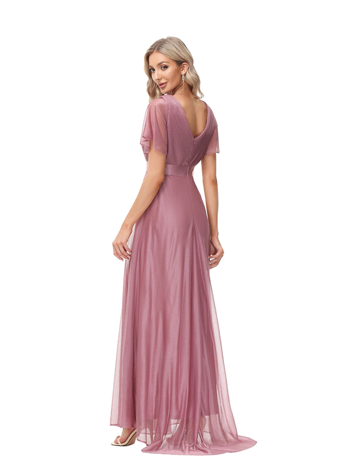 A-Line Evening Gown Empire Dress Wedding Guest Floor Length Short Sleeve V Neck Tulle with Ruched Ruffles