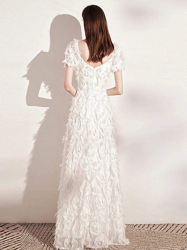 A-Line Evening Gown Minimalist Dress Wedding Guest Floor Length Short Sleeve Scoop Neck Nylon with Feather Pure Color
