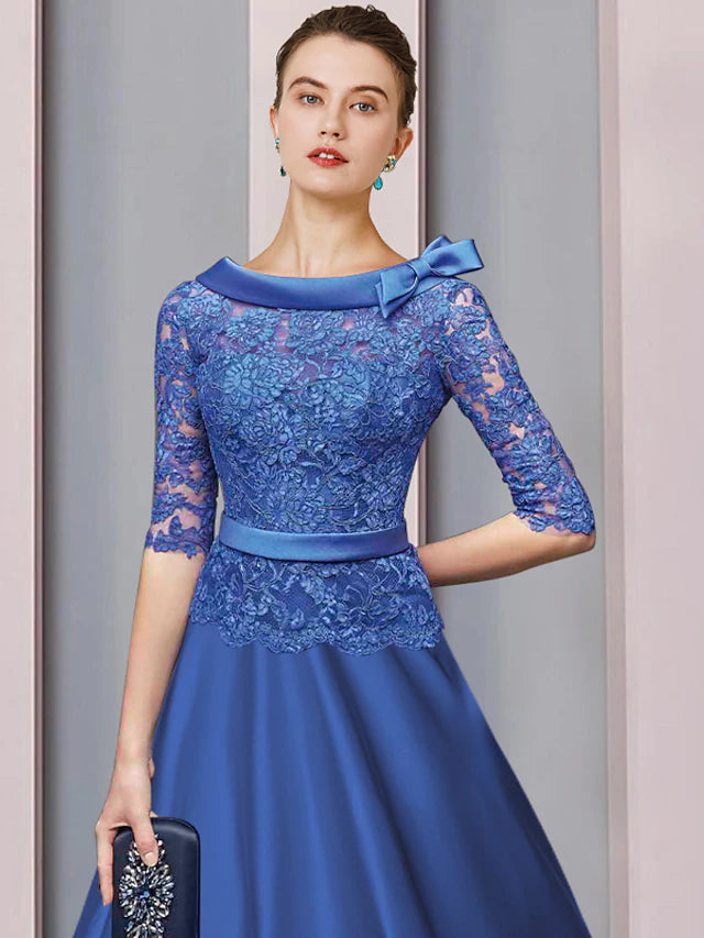 A-Line Mother of the Bride Dress Formal Church Party Elegant Jewel Neck Tea Length Satin Lace Half Sleeve with Sash / Ribbon Bow(s)
