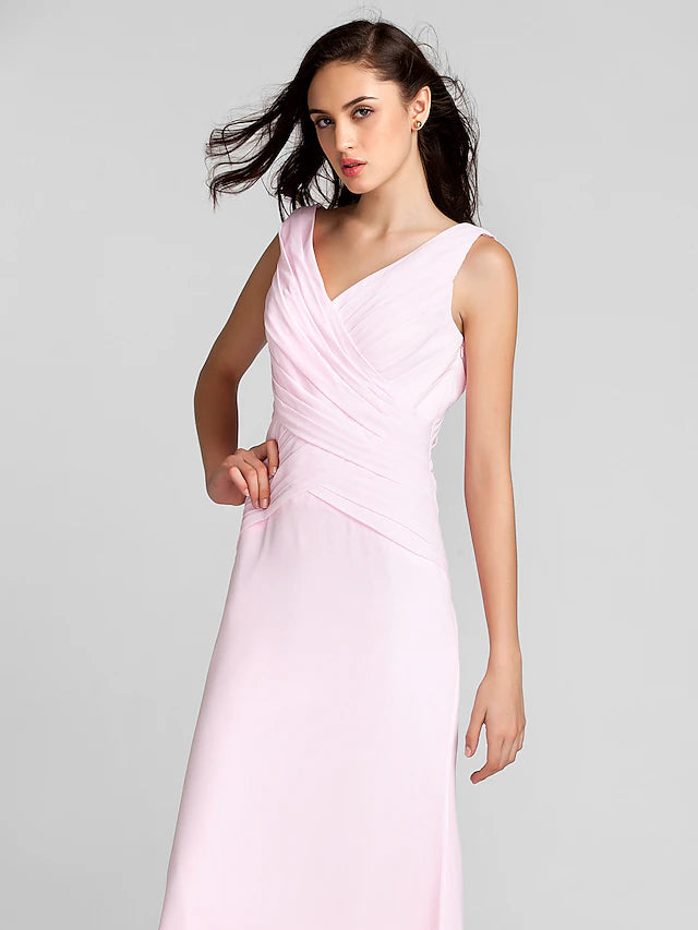 Etuikleid/Säulenkleid für die Brautjungfer, V-Ausschnitt, ärmellos, bodenlang, Chiffon mit überkreuzten Ärmeln