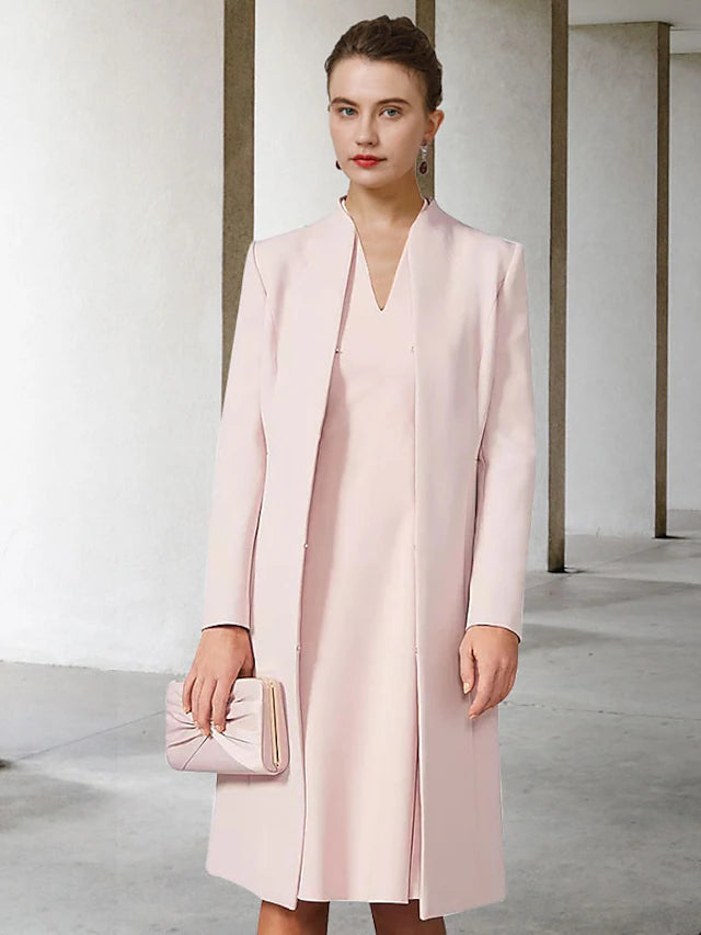 Two Piece A-Line Mother of the Bride Dress Church Elegant V Neck Knee Length Chiffon Short Sleeve Jacket Dresses with Solid Color