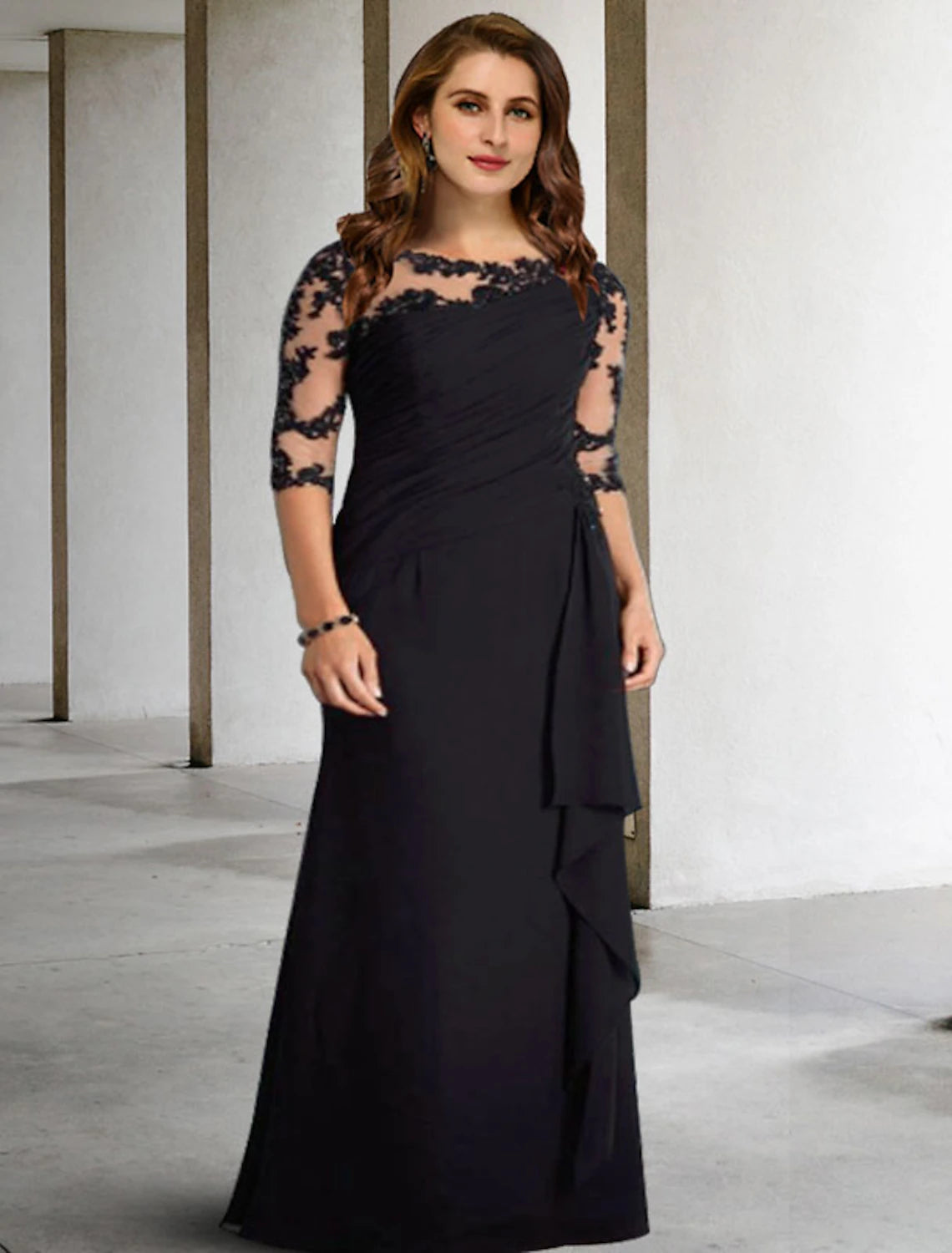 A-Line Plus Size Curve Mother of the Bride Dresses Elegant Dress Formal Wedding Guest Floor Length Half Sleeve Jewel Neck Chiffon with Pleats Ruched Appliques