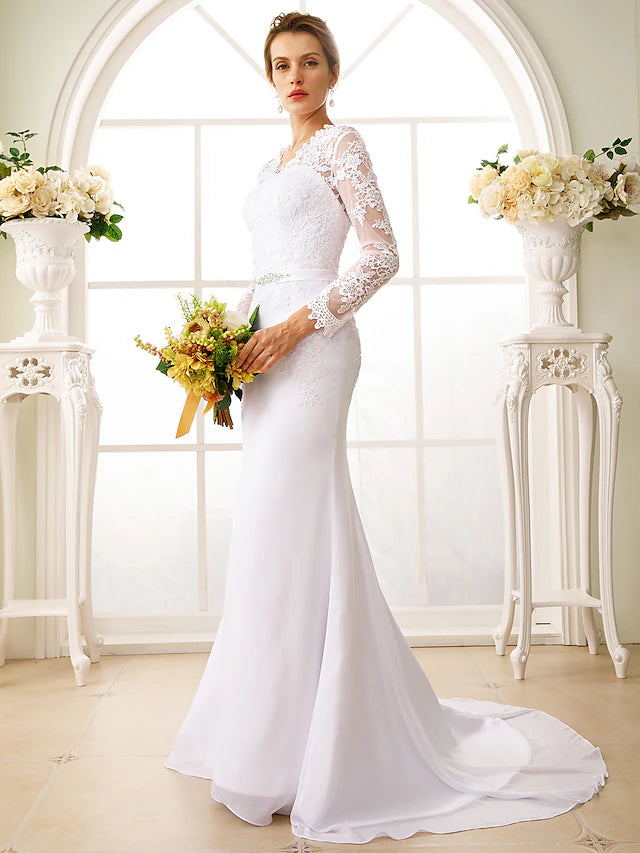 Engagement Open Back Formal Wedding Dresses Court Train Mermaid / Trumpet Long Sleeve Illusion Neck Chiffon With Sash / Ribbon Appliques