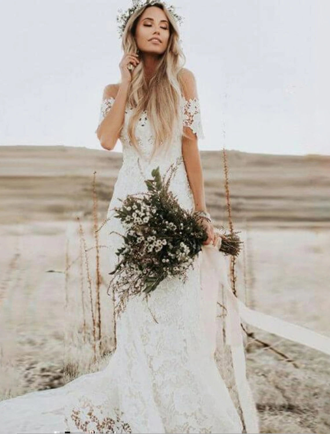 Beach Boho Wedding Dresses Chapel Train Mermaid / Trumpet Cap Sleeve Off Shoulder Lace With Appliques Solid Color