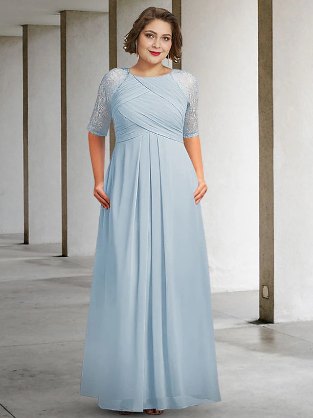 A-Line Mother of the Bride Dress Plus Size Elegant Jewel Neck Floor Length Chiffon Lace Half Sleeve with Pleats Ruched Appliques