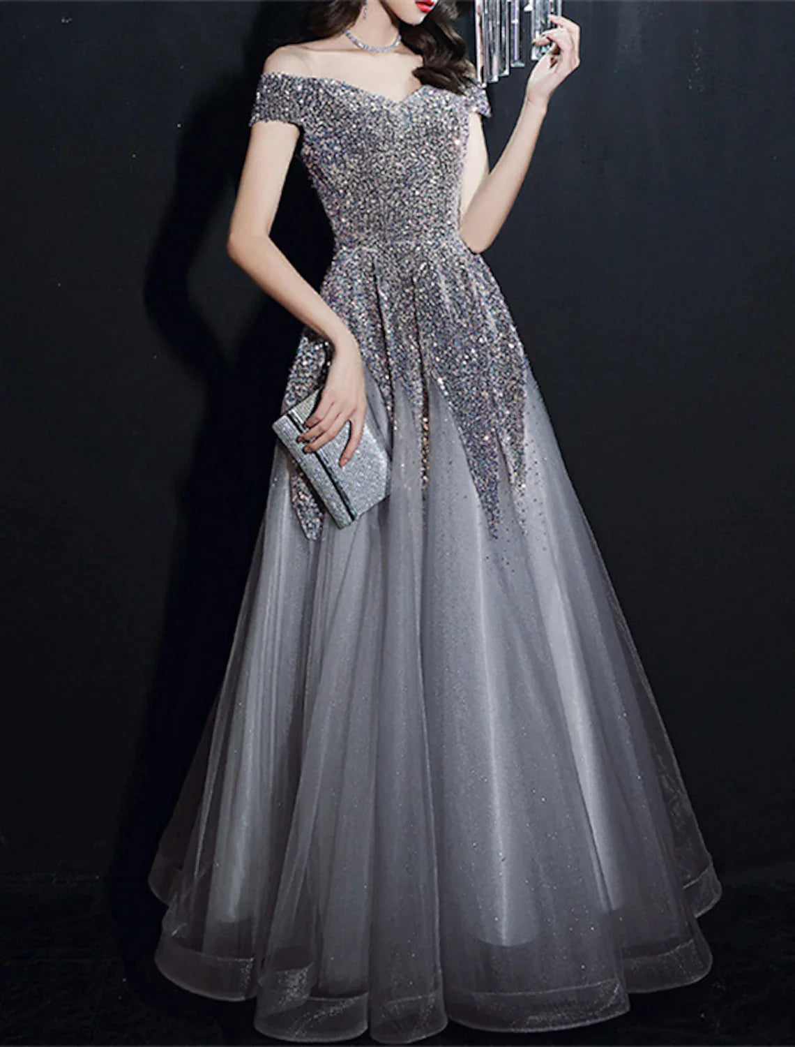 A-Line Prom Dresses Elegant Dress Formal Wedding Guest Floor Length Short Sleeve Off Shoulder Polyester with Sequin