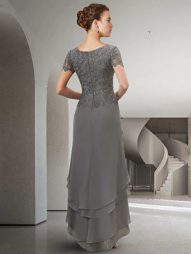 A-Line Mother of the Bride Dress Elegant High Low Jewel Neck Asymmetrical Floor Length Chiffon Lace Short Sleeve with Appliques Cascading Ruffles