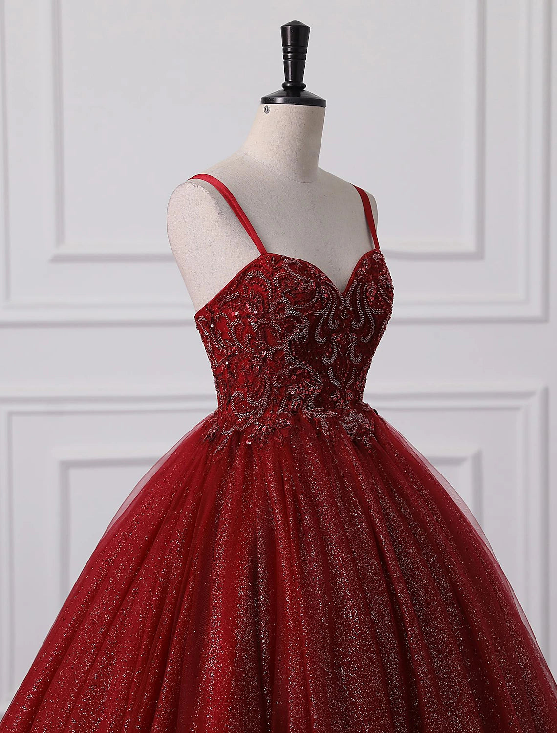 Ballkleid, Ballkleider, Prinzessinnenkleid, Abschlussfeier, Quinceanera, bodenlang, ärmellos, Spaghettiträger, Spitze mit Perlenapplikationen