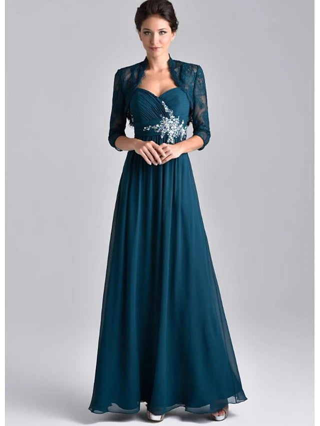 Two Piece A-Line Mother of the Bride Dress Elegant Spaghetti Strap Floor Length Chiffon Lace 3/4 Length Sleeve Wrap Included with Embroidery