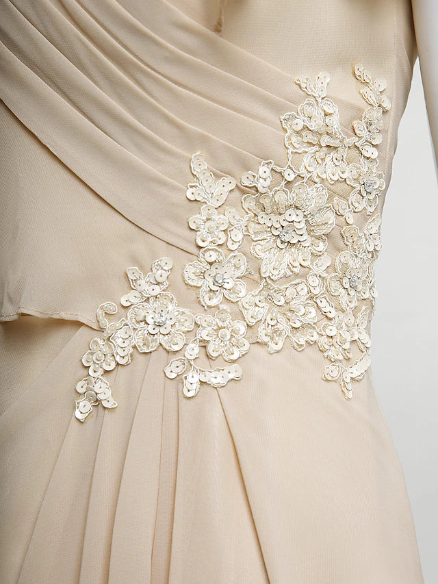 Sheath / Column Mother of the Bride Dress Plus Size Elegant V Neck Floor Length Chiffon Sleeveless with Criss Cross Appliques