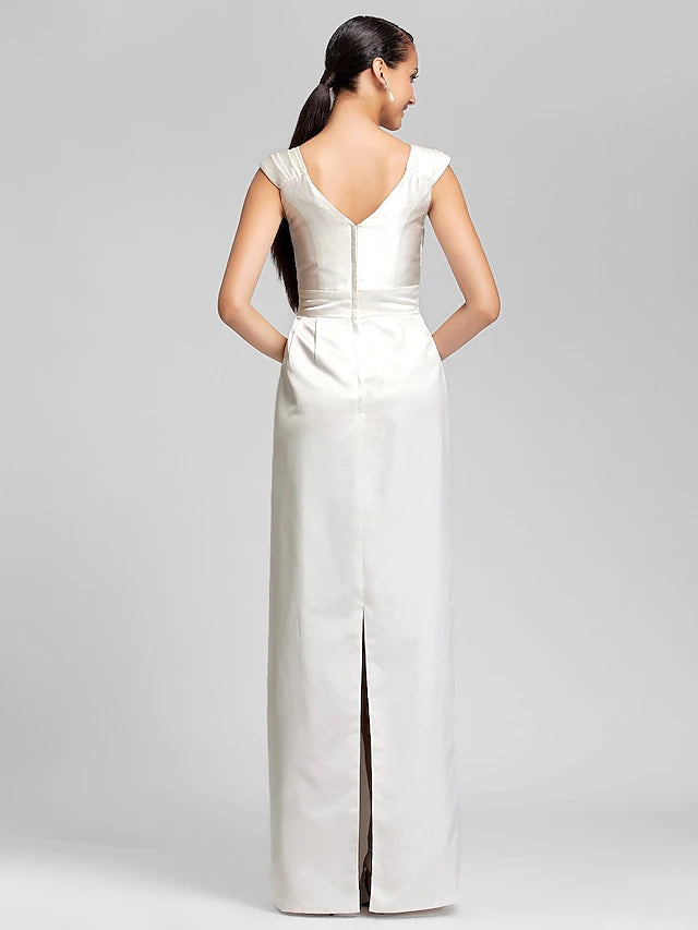 Etui-/Säulenkleid für die Brautjungfer, V-Ausschnitt, ärmellos, elegant, bodenlang, Satin mit Schärpe/Band/Perlenstickerei