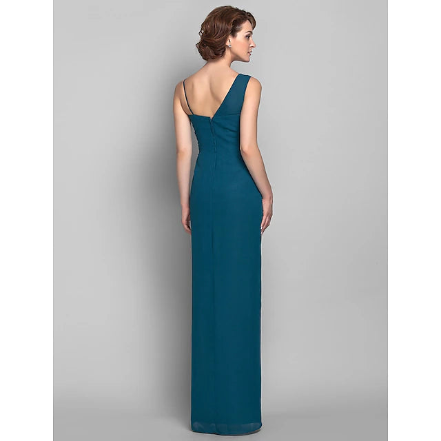 Sheath / Column Mother of the Bride Dress Furcal One Shoulder Floor Length Chiffon Sleeveless with Beading