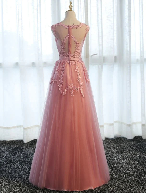 A Line Long Lace Party Dress Applique Tulle Formal Dress Prom Dresses