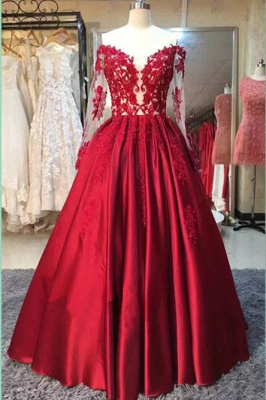 Long Sleeve Ball Gowns Stain Prom Dresses Appliques Wedding Party Dress