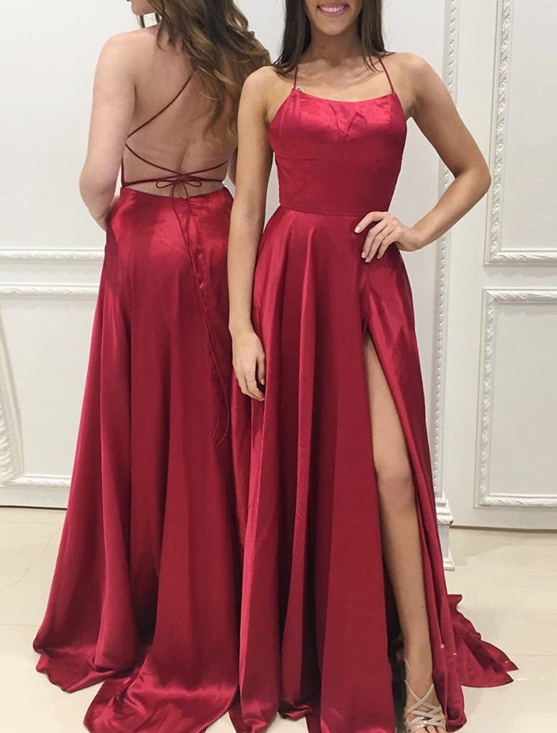 A-Line Evening Gown Sexy Dress Formal Sweep / Brush Train Sleeveless Spaghetti Strap Charmeuse with Slit