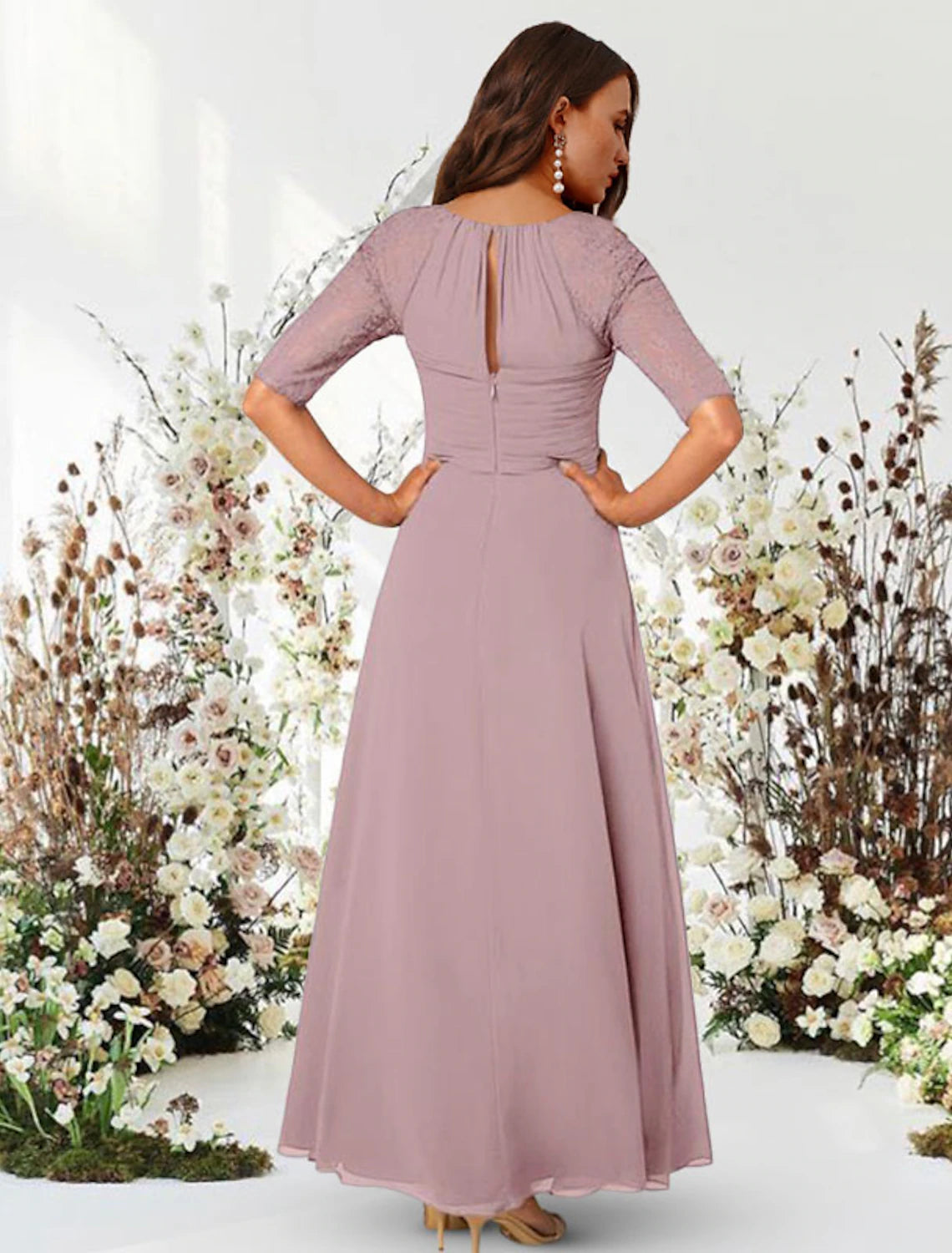 A-Linien-Abendkleid, elegantes Kleid für Hochzeitsgäste, formeller Abend, bodenlang, halbe Ärmel, Rundhalsausschnitt, Chiffon mit Falten, gerüscht