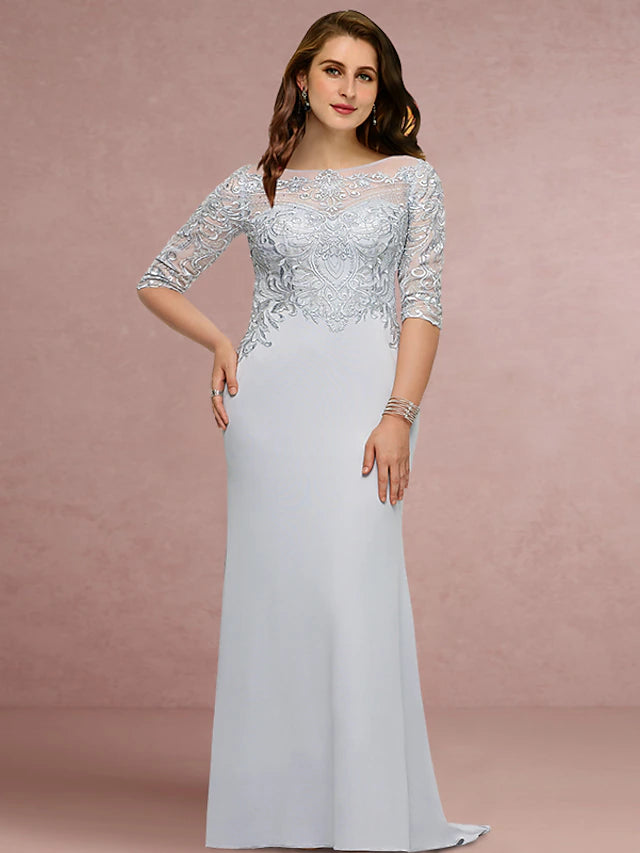 Plus Size Curve Mother of the Bride Dress Wedding Guest Vintage Elegant Scoop Neck Sweep / Brush Train Chiffon Lace Half Sleeve with Sequin