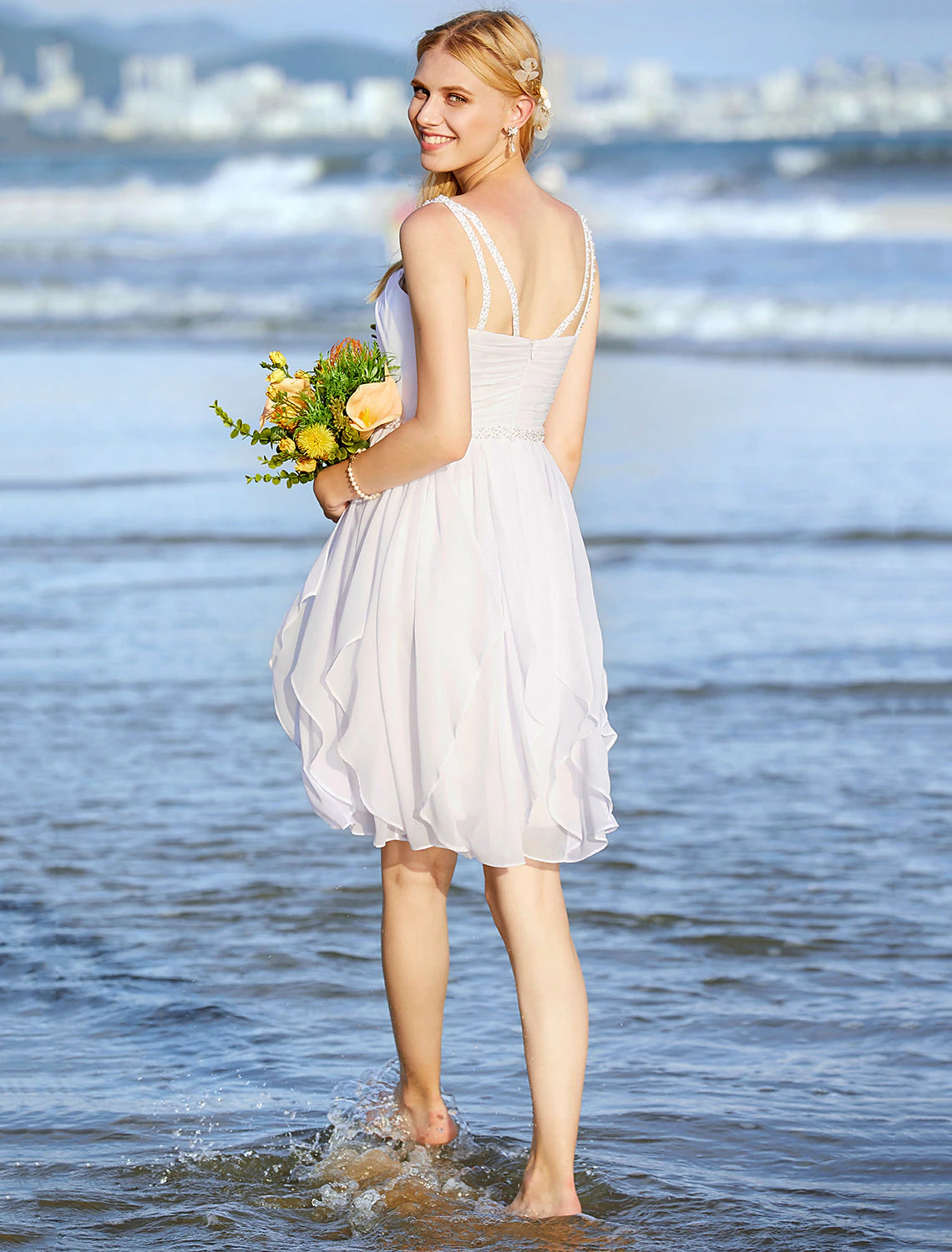 Wedding Dresses A-Line Sweetheart Regular Straps Knee Length Chiffon Bridal Gowns With Sash / Ribbon Ruched