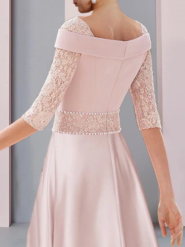 A-Line Mother of the Bride Dress Formal Wedding Guest Elegant Square Neck Tea Length Satin Lace Half Sleeve with Pearls