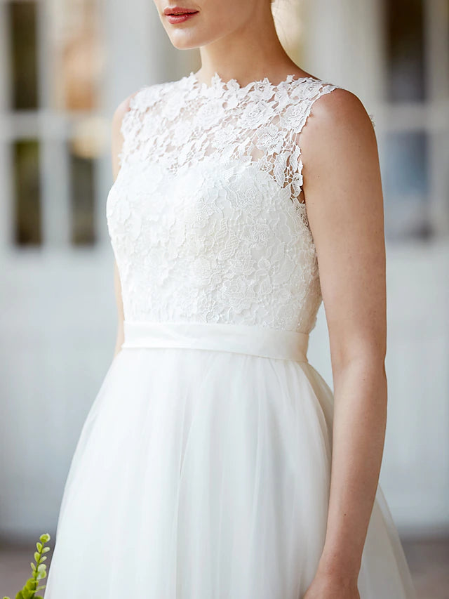 Little White Dresses Wedding Dresses Tea Length A-Line Sleeveless Illusion Neck Lace With Sashes / Ribbons Buttons