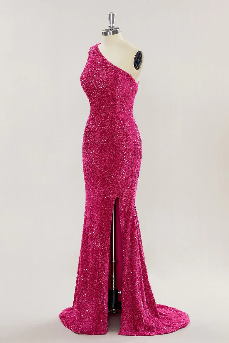 Mermaid One Shoulder Sequins Long Prom Dress With Slit
