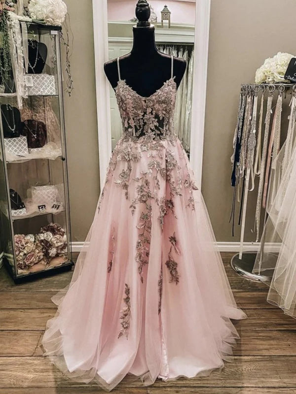 A Line V Neck Backless Lace Floral Long Prom Dresses