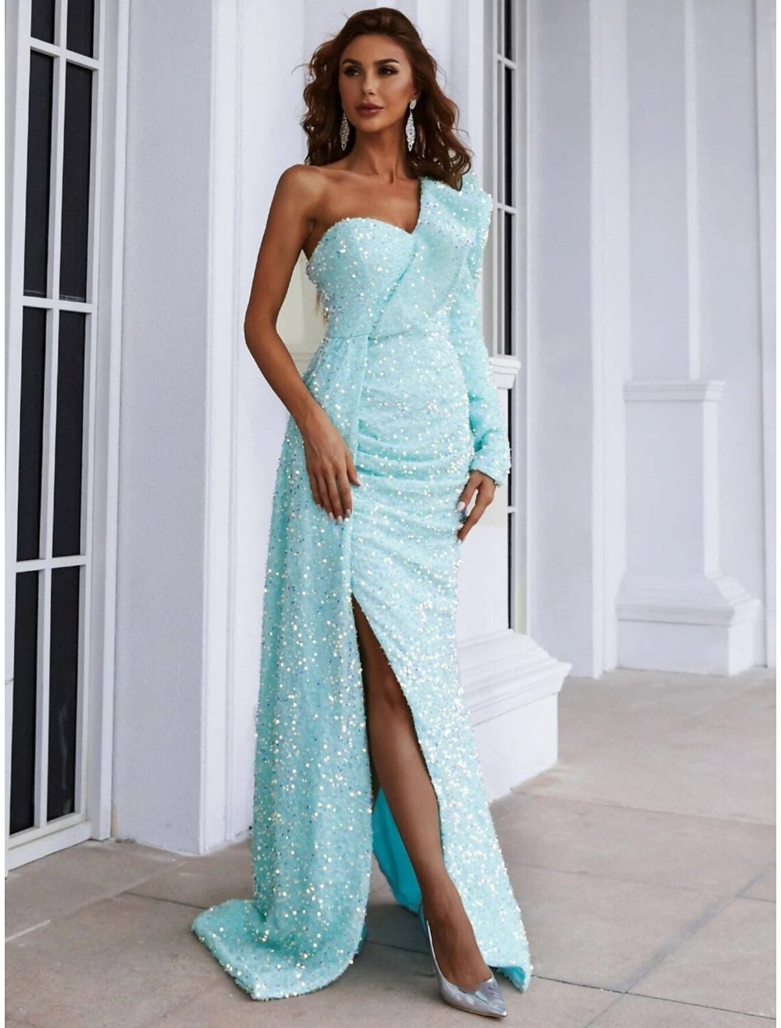 A-Line Evening Gown Elegant Dress Formal Sweep / Brush Train Long Sleeve One Shoulder Sequined with Glitter Ruched