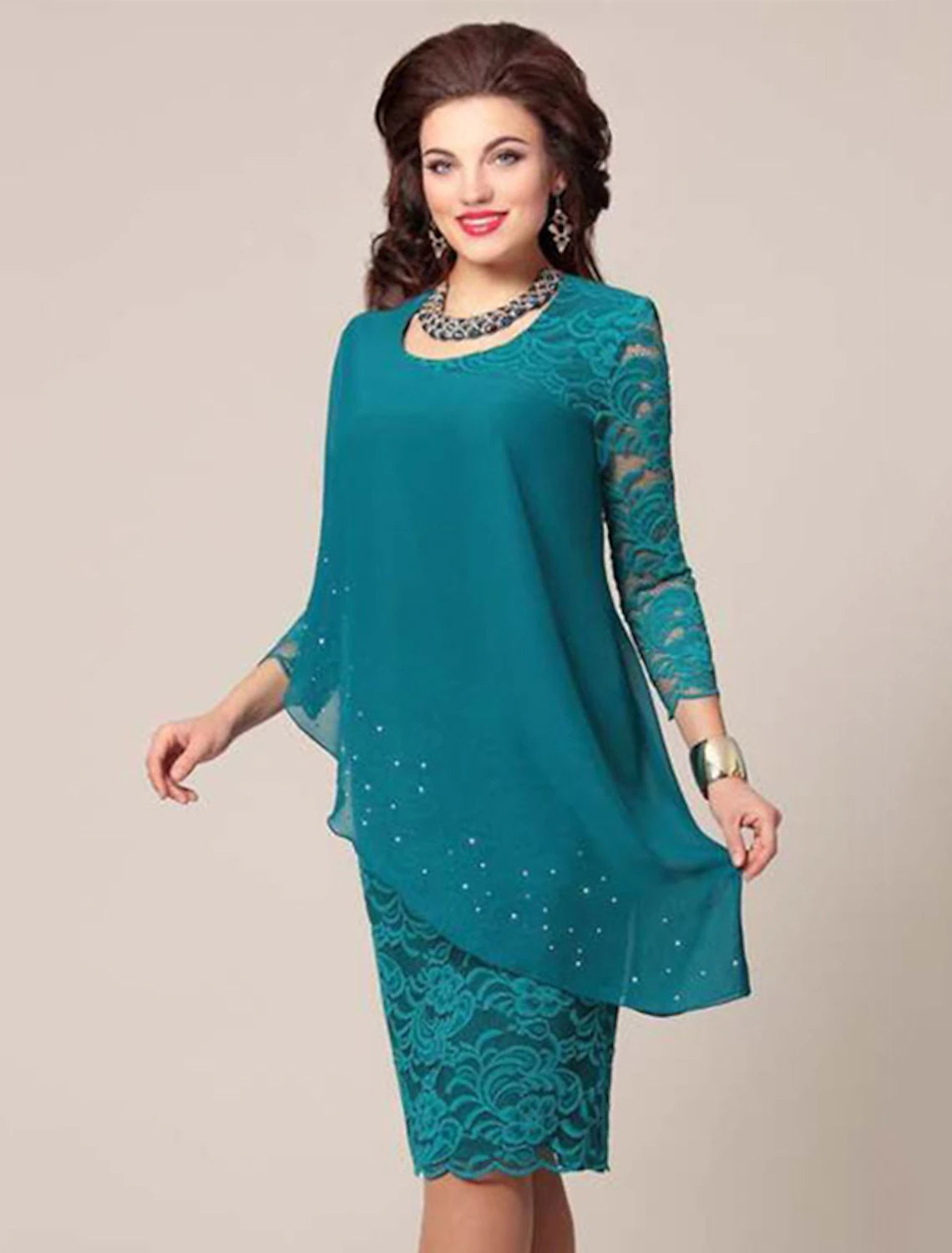 Sheath / Column Mother of the Bride Dress Simple Elegant Jewel Neck Knee Length Chiffon 3/4 Length Sleeve with Lace Solid Color