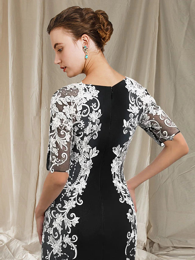 Sheath / Column Mother of the Bride Dress Elegant V Neck Floor Length Chiffon Lace Half Sleeve with Appliques