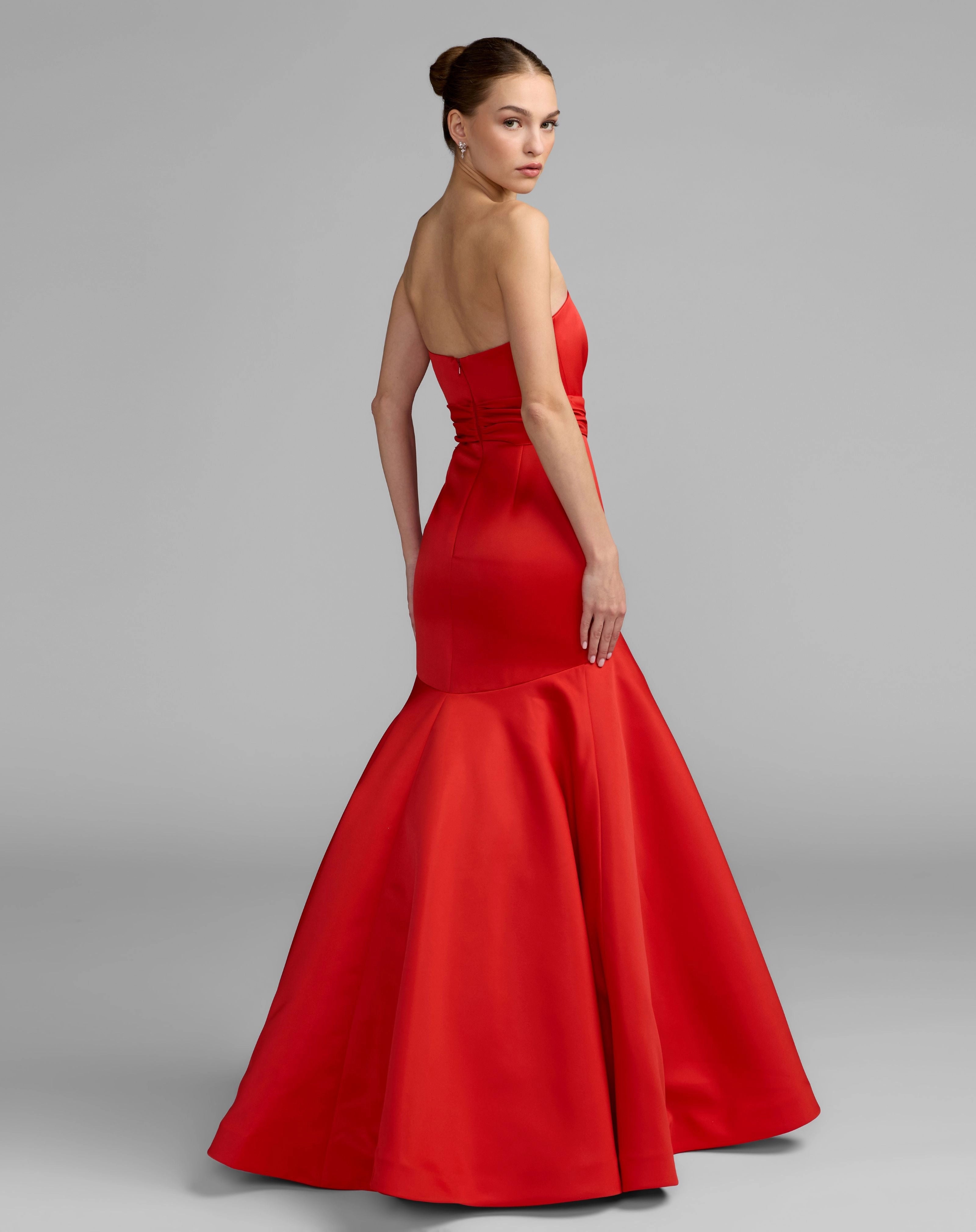 Red Strapless Satin Mermaid Evening Gown With Large Waist Bow