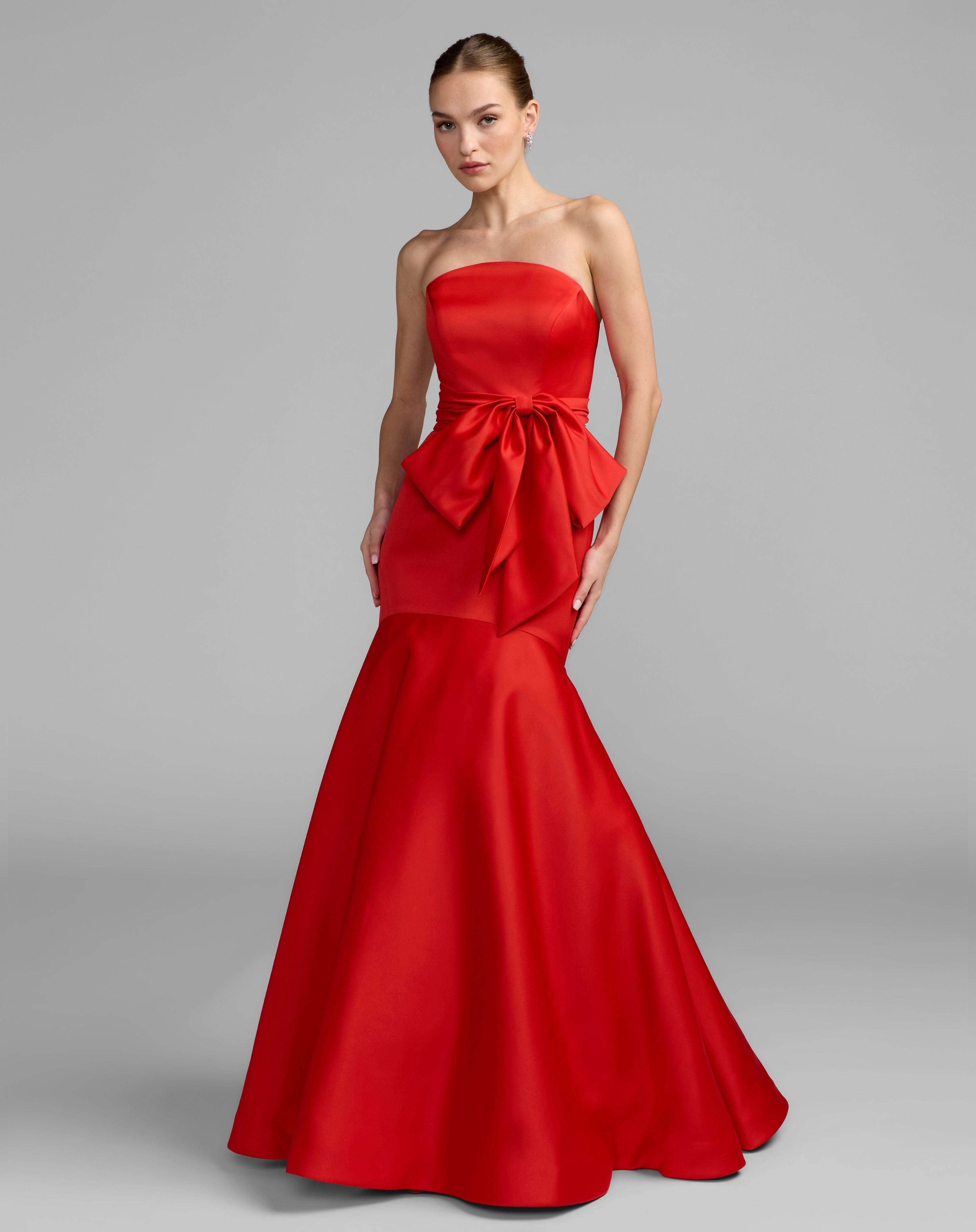 Red Strapless Satin Mermaid Evening Gown With Large Waist Bow